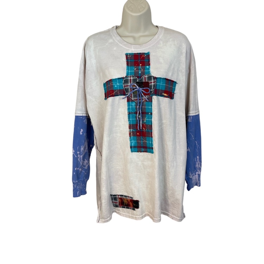 Hand crafted Reimagined up-cycled creative t-shirt faith cross statement piece